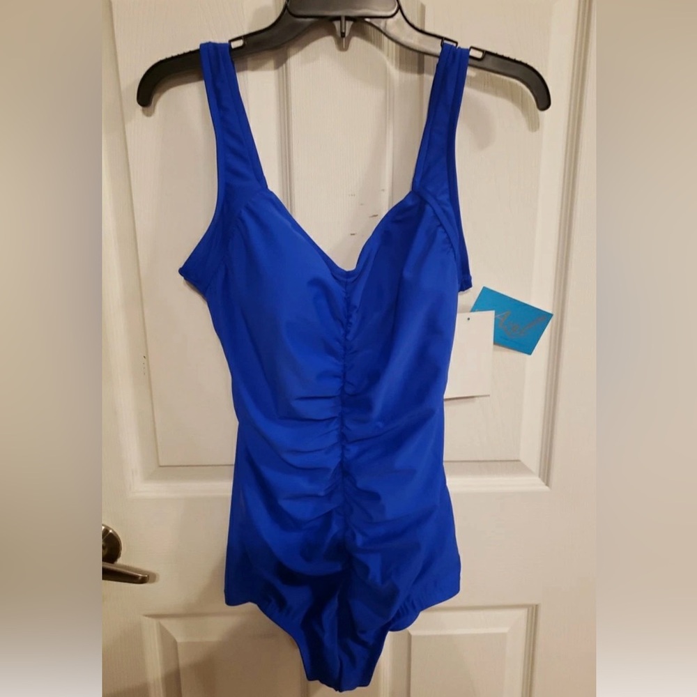New Azul by Maxine of Hollywood Sz 16 Blue One Piece Bathing Swimsuit Modest Leg
